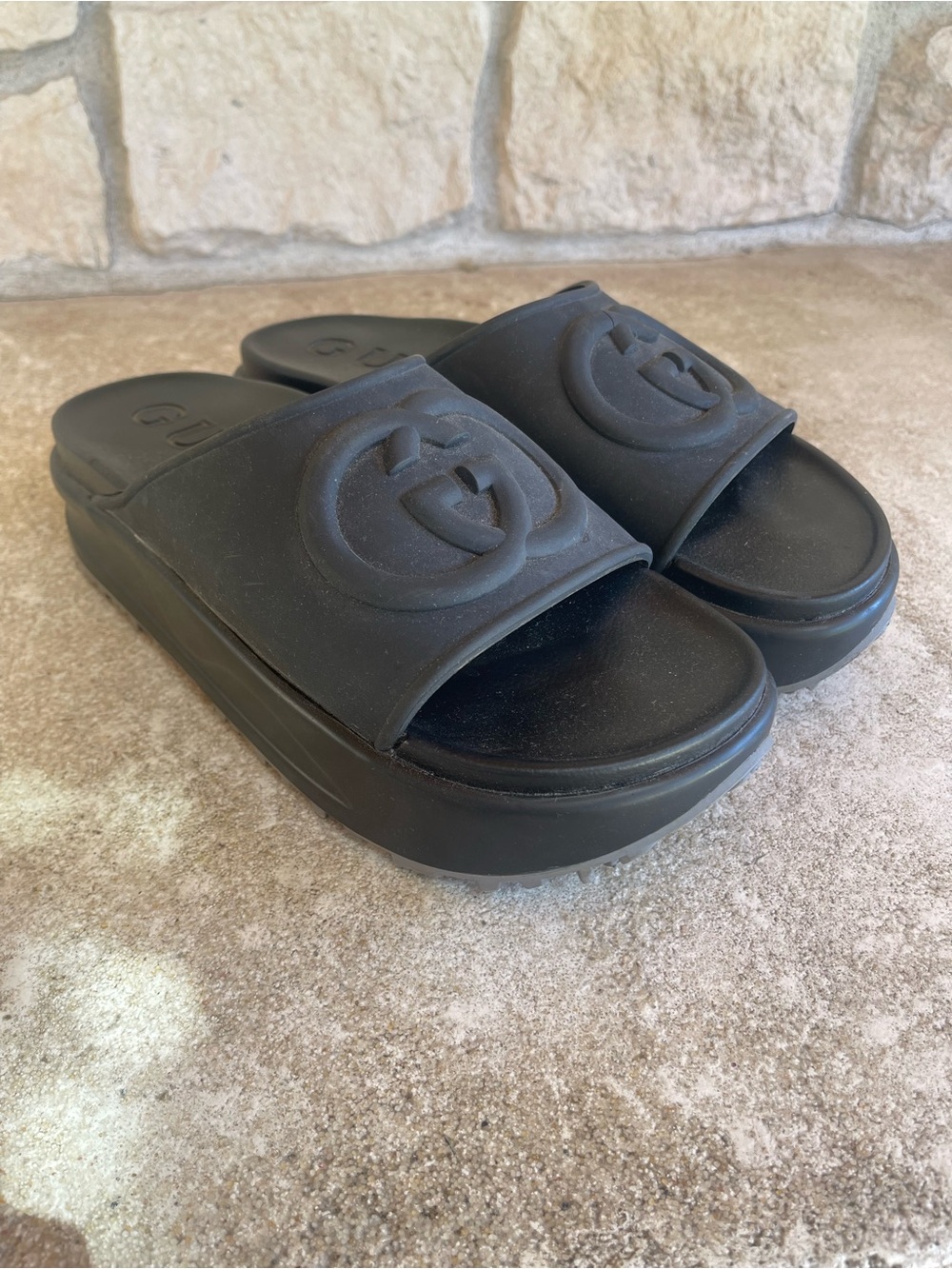 Gucci Matte Black Platform Slide Sandals with Raised Logo